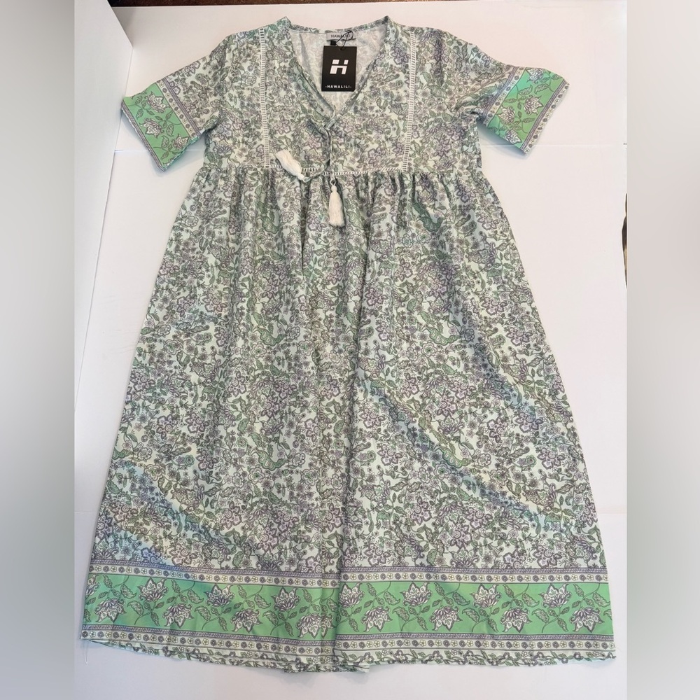 Hawalili Green & Lavender Floral Boho Midi Dress- size S oversized - Picture 16 of 16